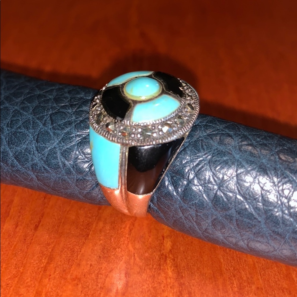Sterling 925 silver ring turquoise and onyx gems